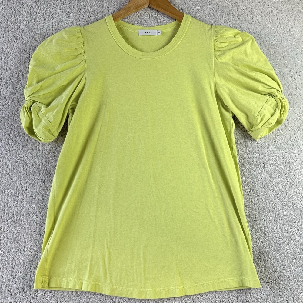 A.L.C.‎ Puff Sleeve Top Women XS Lime Green Cotton Ruched Sleeves Quiet Luxury